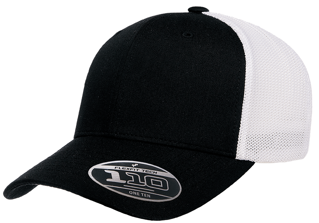 110RT_BLACK-WHITE_LEFT-SLANT_STICKER-2 FLEXFIT 110® RECYCLED MESH CAP – 2-TONE - Image 1