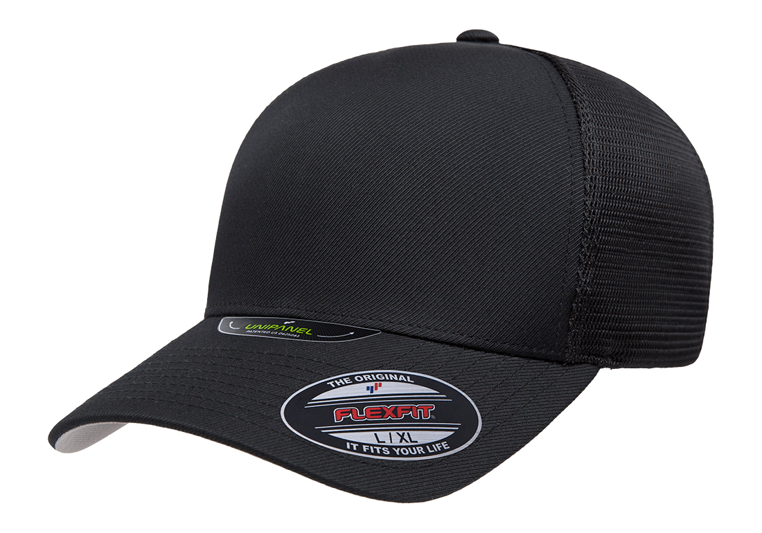 5511UP_BLACK_LEFTSLANT_STICKER FLEXFIT® UNIPANEL™ TRUCKER MESH CAP - Image 1