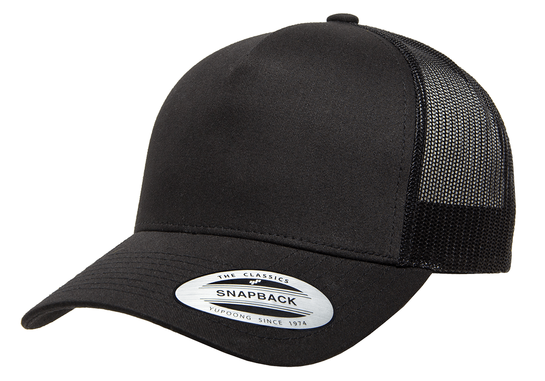 6506_BLACK_LEFTSLANTANGLE_STICKER-1 YP CLASSICS® 5-PANEL RETRO TRUCKER CAP - Image 1