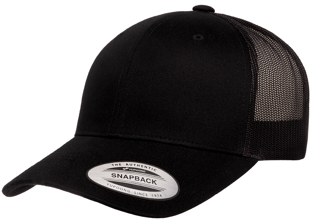 6606R_BLACK_LEFT-SLANT_STICKER YP CLASSICS® RECYCLED MESH RETRO TRUCKER CAP - Image 1