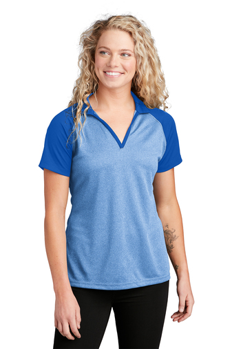 8703-TRyHtTRy-1-LST641TRyHtTRyModelFront1-337W SPORT-TEK® LADIES POSICHARGE® RACERMESH® RAGLAN HEATHER BLOCK POLO - Image 1